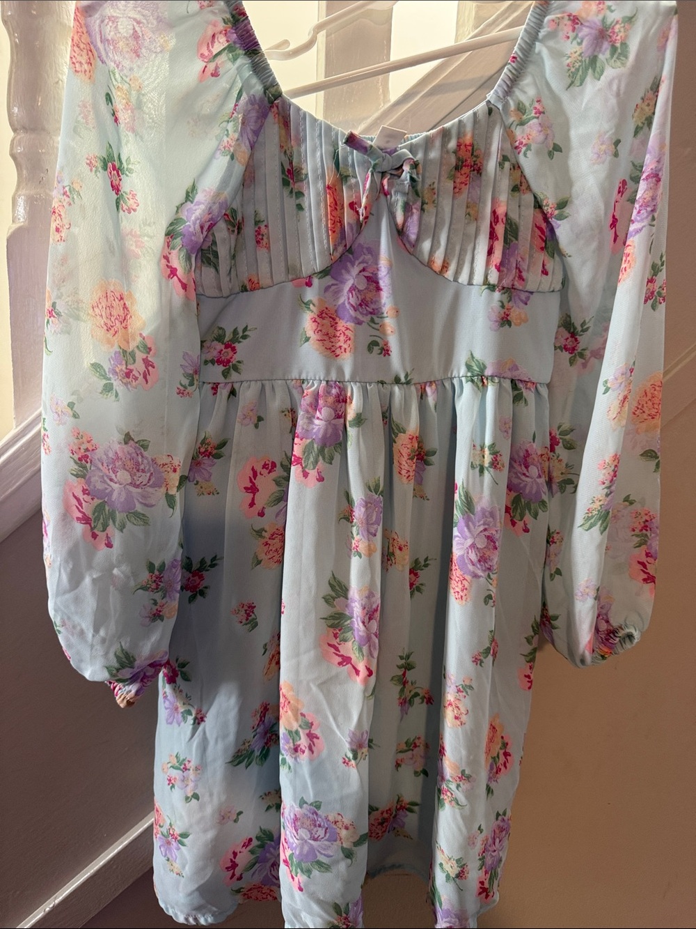 Light Blue Floral Puff-Sleeve Kids Dress with Bow Detail